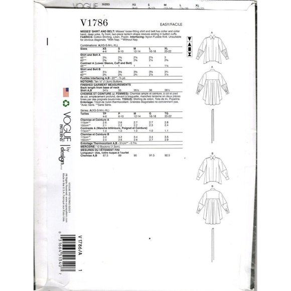 Vogue V1786 Misses XS to XL Tunic Top and Belt Uncut Sewing Pattern - Picture 2 of 2